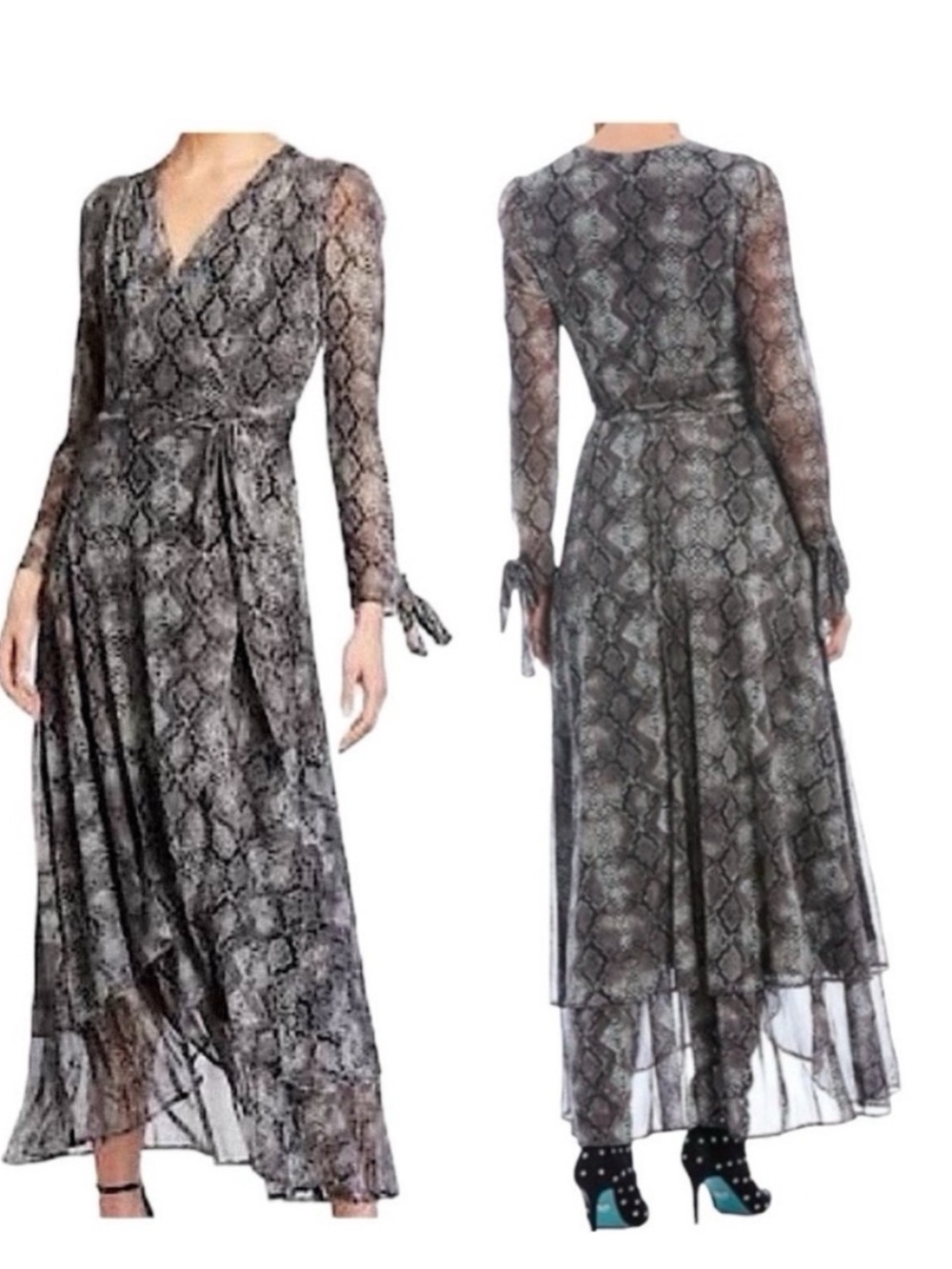 Betsey Johnson Snake Print Bow Sleeve Wrap Maxi Dress Gray Black Evening Formal